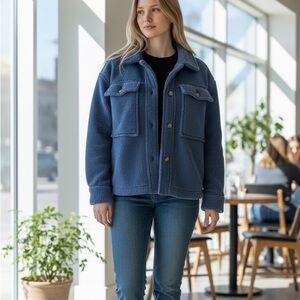 Forever 21 Dark Blue Soft Cropped Button Down Teddy Bear Jacket S/M